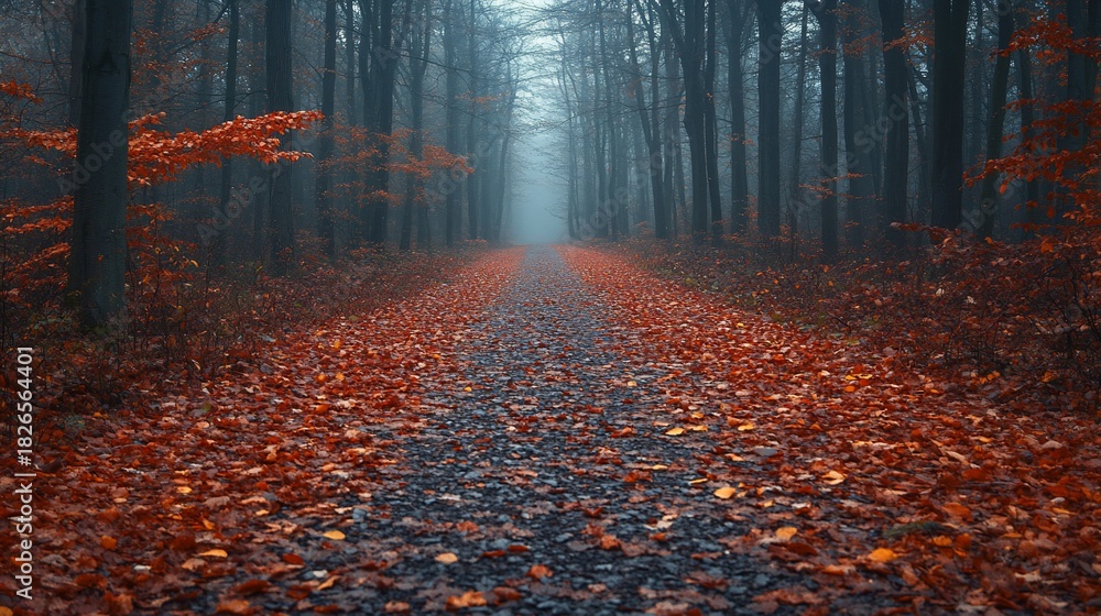 Fototapeta premium Misty Autumn Path Forest Trail with Vibrant Fallen Leaves and Ethereal Fog.