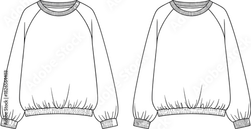 Women's oversized raglan sleeve sweatshirt fashion technical flat sketch template with ribbed cuffs, neckband, and gathered hem vector illustration