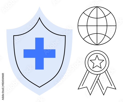 Blue medical cross on a shield, globe symbolizing global connection, and star badge for quality. Ideal for healthcare, security, trust, global networks, insurance, accreditation simple flat metaphor