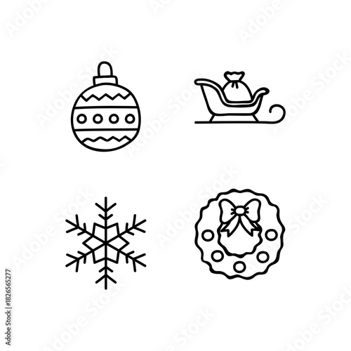Set of isolated Christmas and New Year party decoration ornaments in black doodle hand-drawn graphic illustration on a white background 5