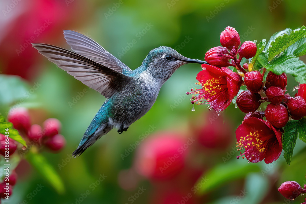 Fototapeta premium Hummingbird Sipping Nectar from Red Flower in Lush Garden