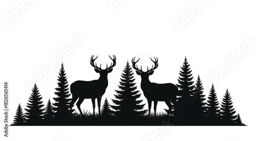 Majestic Deer and Evergreen Tree Silhouettes Nature's Peaceful Embrace
