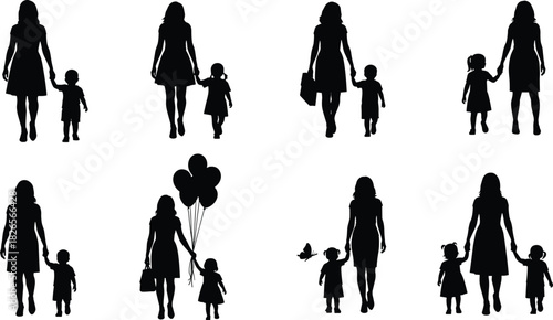 Silhouette illustration of mother walking with children, family bonding, parenting love, motherhood concept, child care, lifestyle design for creative projects