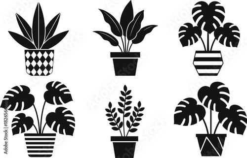Potted houseplant silhouette icon collection featuring indoor plants, botanical leaves, decorative pots and greenery designs for home decor, gardening, nature and lifestyle projects