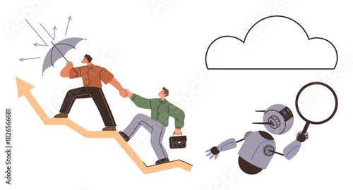 Two professionals climb an upward arrow, one holding an umbrella for protection. Beside them, a robot uses a magnifying glass. Cloud icon signifies connectivity. Ideal for progress, leadership