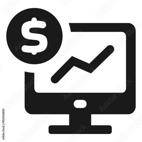 Finance analytics icon – computer monitor with dollar sign and growth chart in minimal outline style
