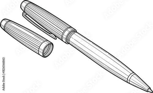 Detailed ballpoint pen line art illustration with removable cap, drawing tool graphic for writing, stationery design, office supplies, school and business concepts