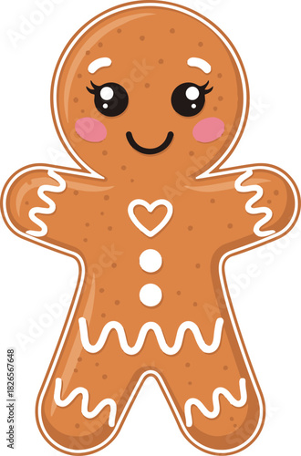 A cute flat vector illustration of a happy gingerbread man cookie decorated with white icing and a small heart on the chest,