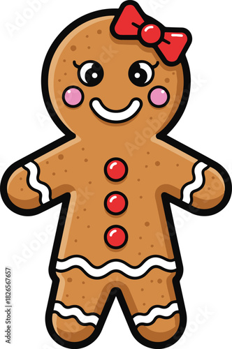 A cute flat vector illustration of a smiling gingerbread girl cookie wearing a red bow, designed with a bold black outline in sticker style