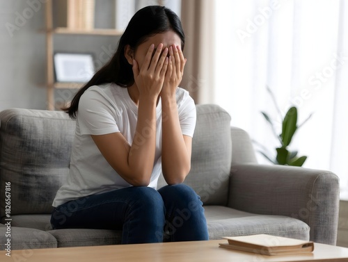 Woman Covering Face with Hands, Showing Distress on Sofa at Home