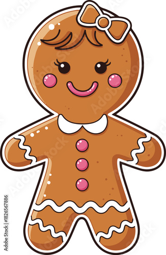 A cute flat vector illustration of a happy gingerbread girl cookie wearing a bow and pink buttons, designed in a sticker style with a white outline,