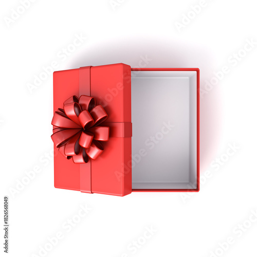 Blank red rectangle gift box mock up opening or top view of red present box product display showcase tied with red ribbon bow isolated on white background with shadow minimal concepts 3D rendering