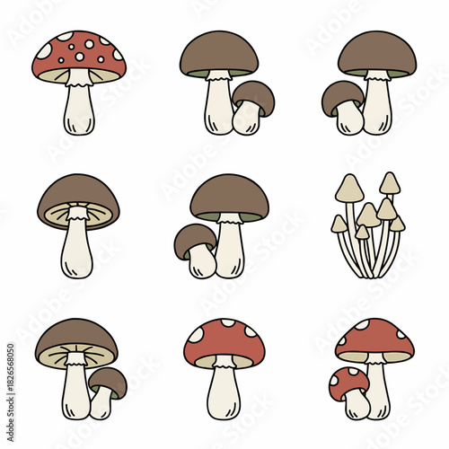 Cute Cartoon Mushroom Illustrations Set Isolated Vector Fungi Collection