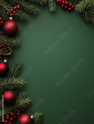 Christmas background with dark green color and decorations on left side featuring dark red ornaments and pine branches with space for text in center
