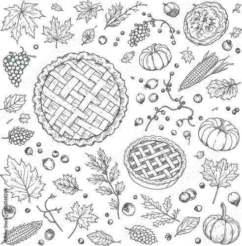 Autumn harvest illustration in black line style featuring pies pumpkins leaves corn grapes and festive elements