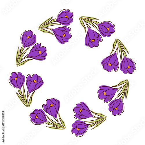 Wreath with crocus flower with green leaves in flat style. Colorful floral frame for spring design, greeting card and nature theme isolated on white background.