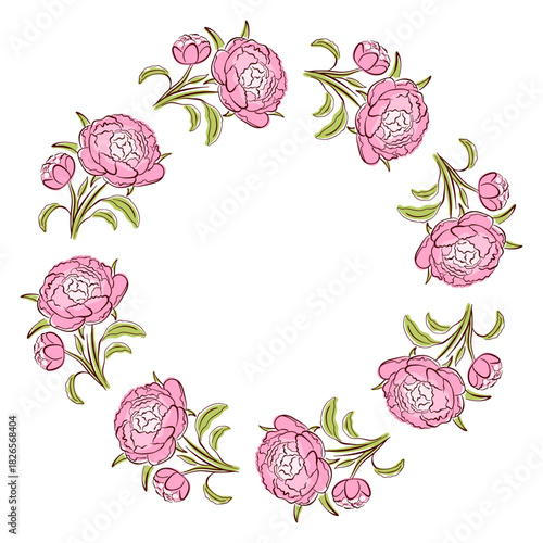 Peony spring flower wreath in a flat style. Ideal for botanical design, greeting card, textile and spring art isolated on white background.