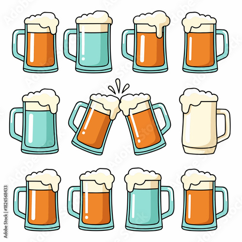 Collection of Various Beer Mugs and Glasses with Foam Refreshing Alcoholic Drinks