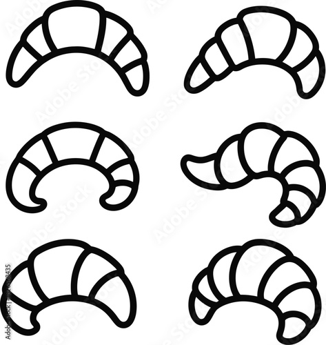 Croissant illustration set in black line style featuring stylized pastry shapes and segmented texture variations