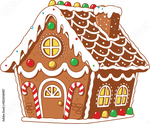 A charming flat vector illustration of a snow-covered gingerbread house decorated with colorful gumdrops, candy canes, and lit-up yellow windows