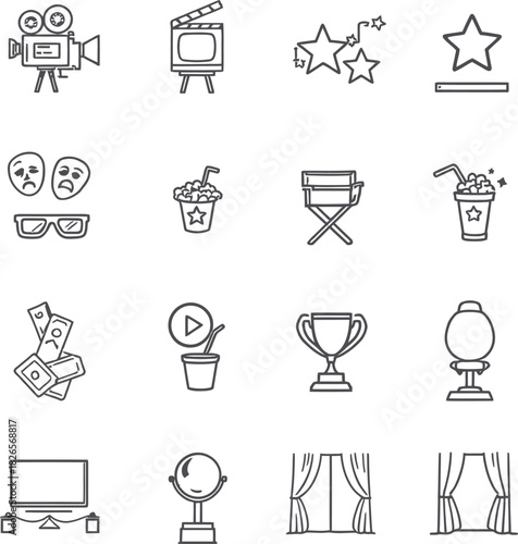 Cinema and entertainment icon set in black line style featuring film camera popcorn trophy and theater illustrations