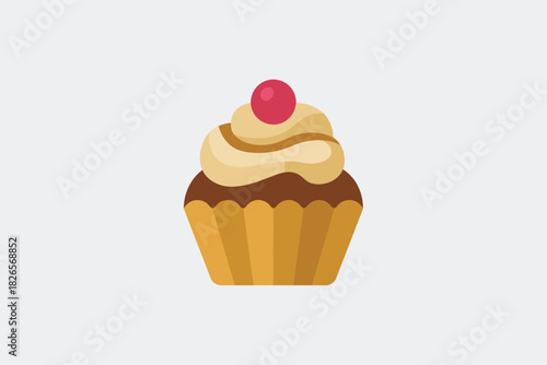 Chocolate Cupcake with Vanilla Frosting and Cherry on Top in Sweet Delight with Soft Creamy Colors on Simple Background for Bakery Advertising
