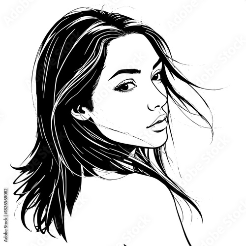 “A black-and-white graphic portrait of a youthful woman with delicate features, shown mid-turn. Her hair sweeps across the frame with subtle motion. The minimal background and precise linework highlig