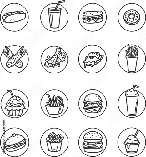 Fast food icon set in black line style featuring burgers fries drinks desserts and snacks in circular format