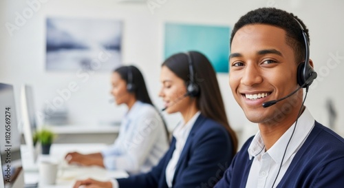 Smiling young black man in headset at call center