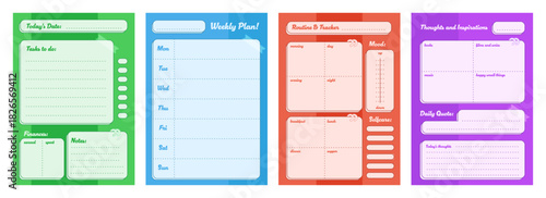 Bright vector planner pages set with daily tasks, weekly schedule, mood and routine trackers, notes, and inspiration sections, designed for organized planning and personal productivity.