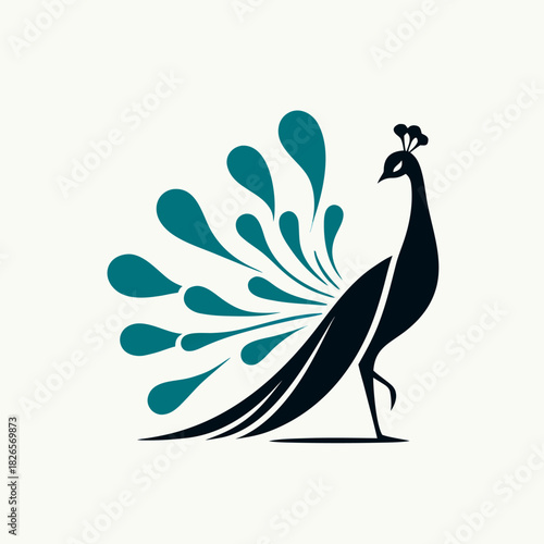 Illustration of elegant stylized silhouette of a peacock with spread tail feathers in teal and black colors, modern logo design concept