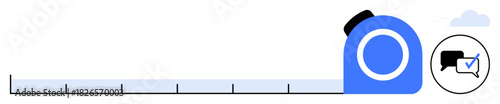 Blue tape measure with a communication bubble containing a checkmark, emphasizing accuracy, dialogue, evaluation, and precision. Ideal for teamwork, feedback, planning, measurement goal-setting