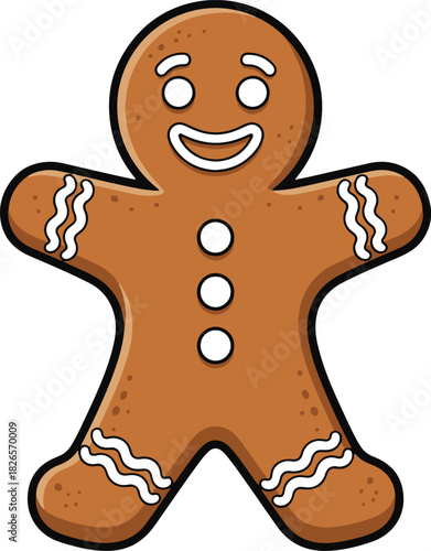 A classic flat vector illustration of a smiling gingerbread man cookie decorated with simple white icing and three buttons, featuring a bold black outline
