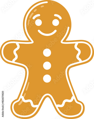 A simple and cute flat vector illustration of a golden gingerbread man cookie with white icing details and highlights, 
