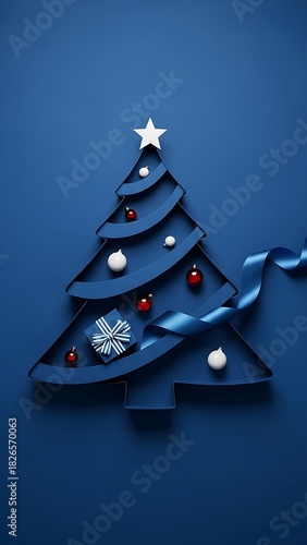 Modern Minimalist Christmas Tree Design Crafted From Elegant Blue Ribbon And Layered Paper Shapes Adorned With Festive Red And White Ornaments A White Star Topper And A Small Gift Box Agains