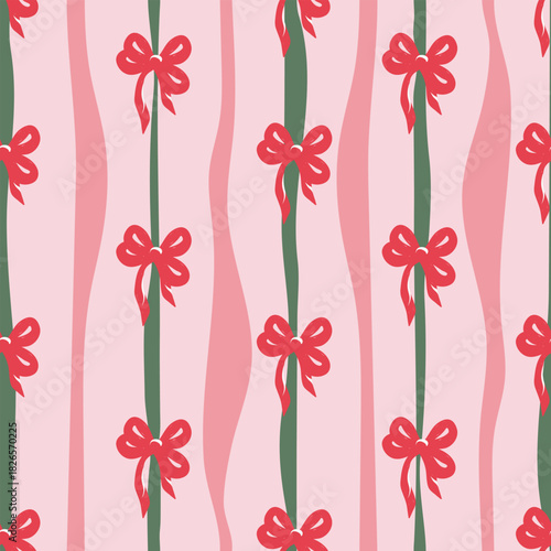 Pastel-colored gingham pink striped Christmas bow seamless patterns in a vintage doodle art. Vector  for holiday prints, decorations,greeting cards, posters, textile, wrapping paper, festive designs. 