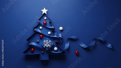 Beautiful Minimalist Holiday Background Featuring a Stylized Christmas Tree Outline Formed by a Curving Blue Ribbon Decorated with Glossy Red and Matte White Ornaments and a Star Topper