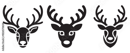 Set of deer head icons simple black glyph vector design element isolated on white background