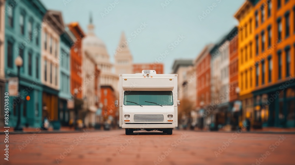 Obraz premium A food truck parked in a vibrant, colorful street, showcasing urban architecture and a lively atmosphere.