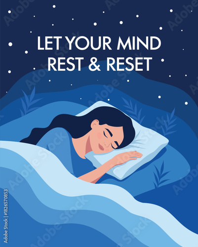 A vector illustration of a woman sleeping peacefully on a bed under a starry sky. Relaxation, spiritual renewal. Motivational text for projects on psychology, mental health, well-being, mindfulness