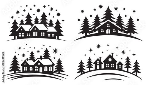 Collection of winter landscape illustrations featuring houses and pine trees with falling snow vector design element isolated on white background