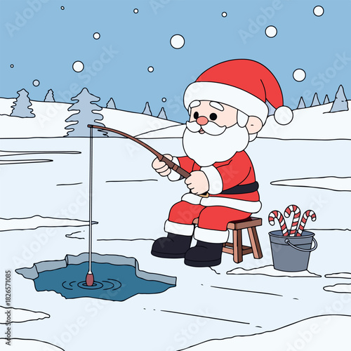 Santa is fishing on a frozen lake in winter.