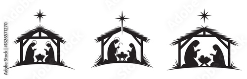 Nativity scene silhouette illustrations depicting Mary Joseph and baby Jesus in a manger perfect for Christmas cards and religious designs