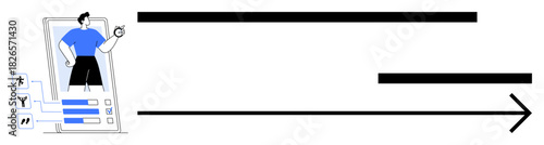 Smartphone screen with workout stats, man exercising, progress bars, fitness icons, and navigation arrow. Ideal for fitness, health, app design, progress tracking goals mobile technology digital