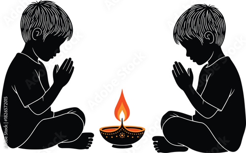 Children praying, oil lamp flame, silhouette illustration, spiritual moment, cultural tradition, meditation pose, peaceful devotion, white 