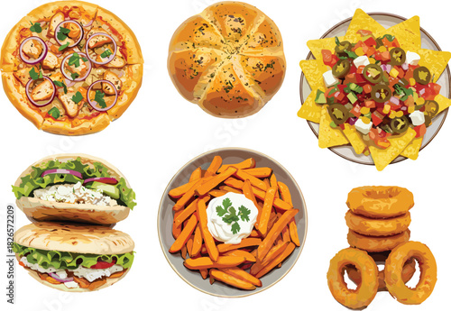 Fast food variety illustration, pizza, sandwich, nachos, sweet potato fries, onion rings, bread roll, white 