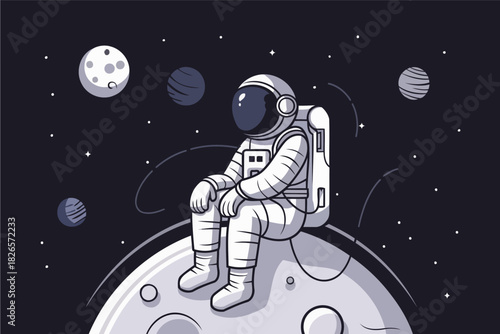 Astronaut Sitting on the Moon Surrounded by Floating Planets in Space