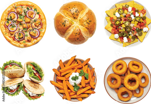Fast food variety, pizza, nachos, pita sandwich, sweet potato fries, onion rings, bread roll, snack collection, white background, crispy texture, colorful ingredients, food styling, savory snacks,