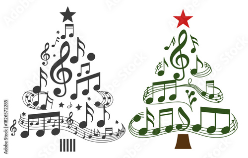 Musical Christmas Tree Designs with Notes and Stars for Holiday Artwork