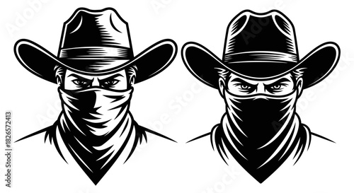 Wild West Cowboy Illustration with Bandana and Cowboy Hat in Black and White